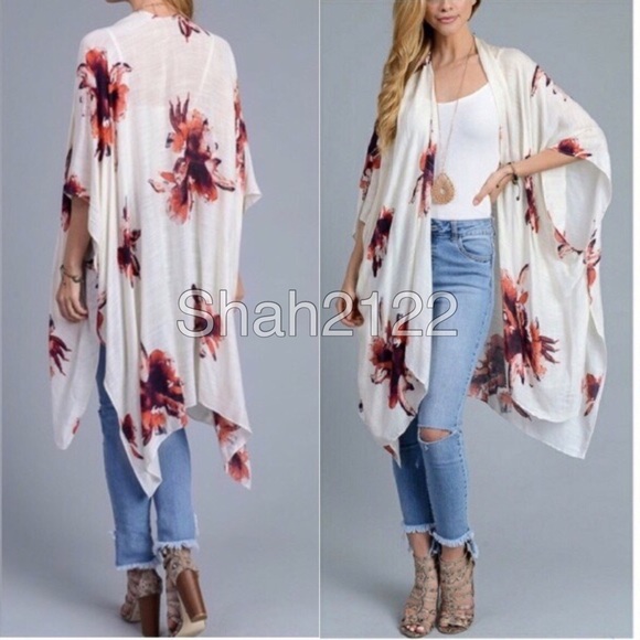 Floral print wrap kimono coverup beach cream - Picture 2 of 5